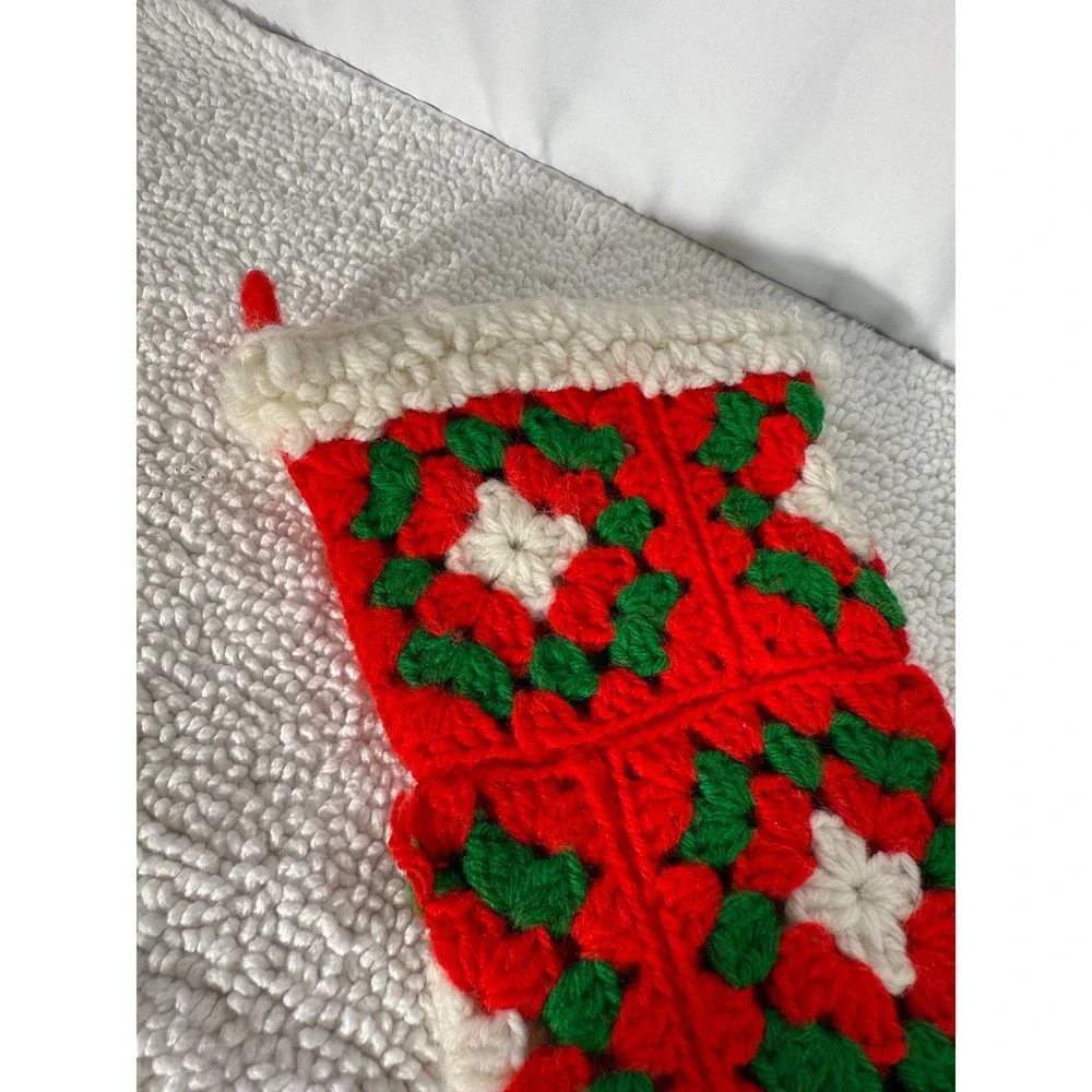 VTG Hand Crocheted Christmas Stockings Red Green White Holly Star Motif Set of 2